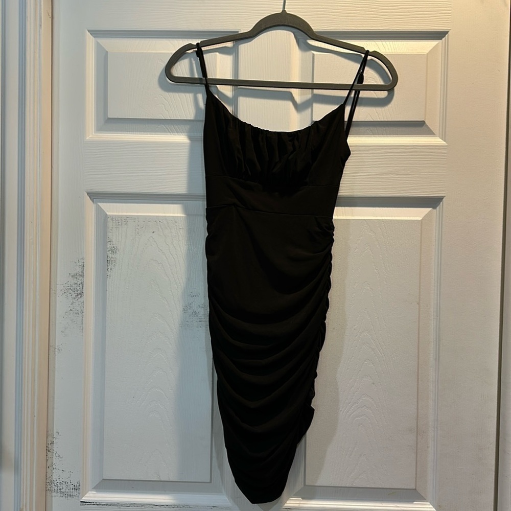 Saints + Secrets Black Ruched Low Back Dress XS